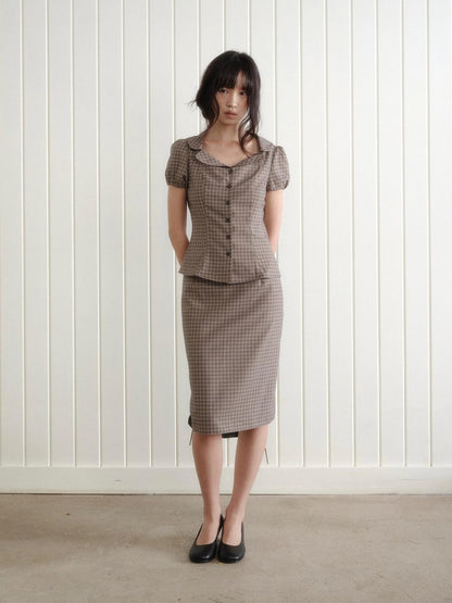 Dorydory Gray Purple Plaid Turn Down Collar Puff Sleeve Women&