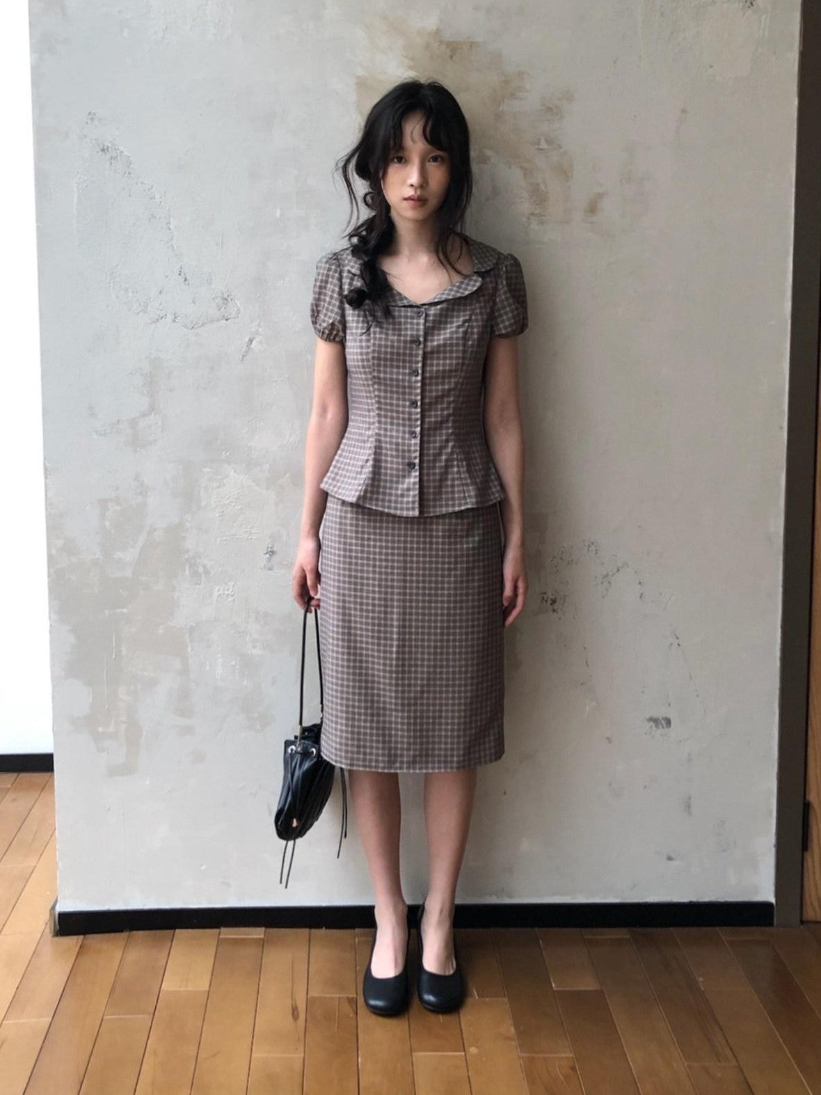 Dorydory Gray Purple Plaid Turn Down Collar Puff Sleeve Women&