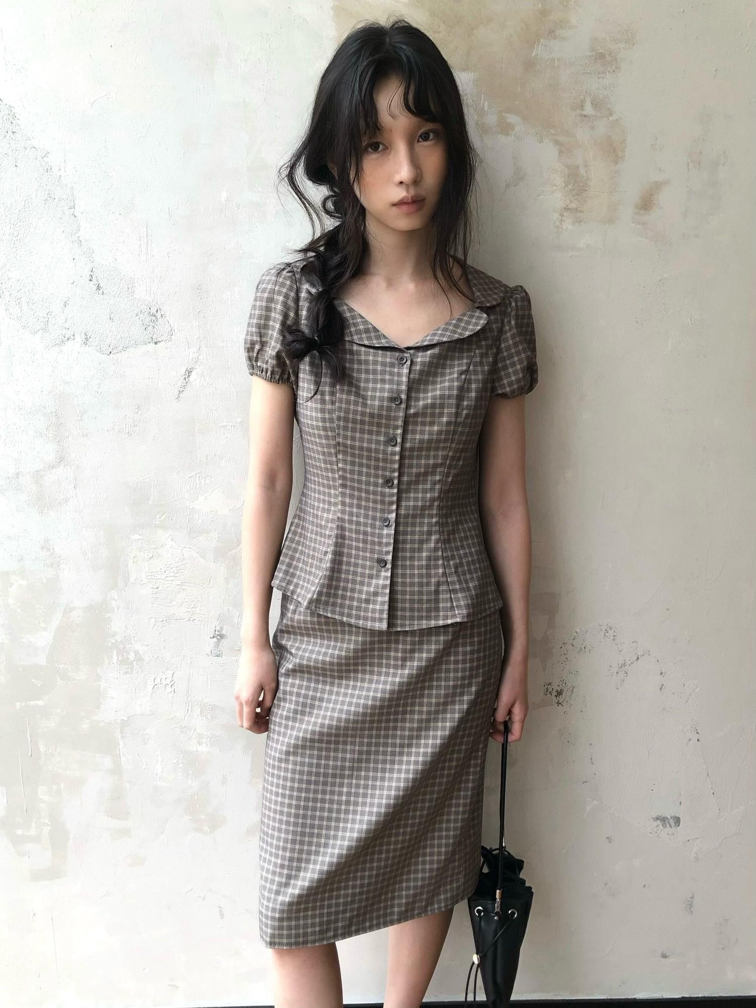Dorydory Gray Purple Plaid Turn Down Collar Puff Sleeve Women&