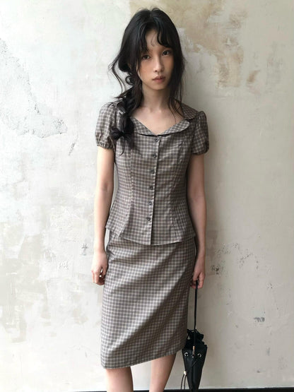 Dorydory Gray Purple Plaid Turn Down Collar Puff Sleeve Women&