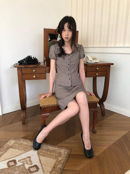 Dorydory Gray Purple Plaid Turn Down Collar Puff Sleeve Women&