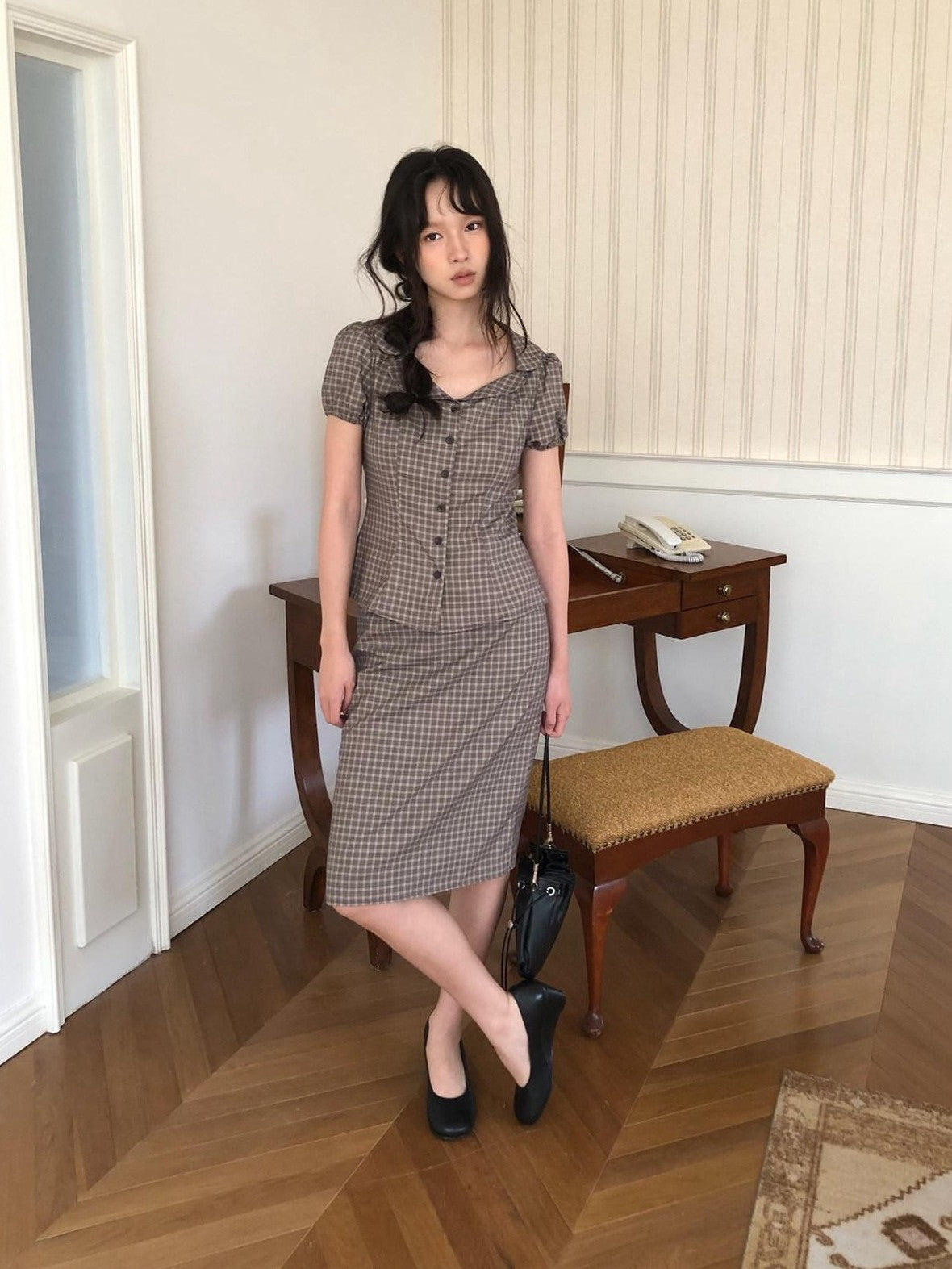 Dorydory Gray Purple Plaid Turn Down Collar Puff Sleeve Women&