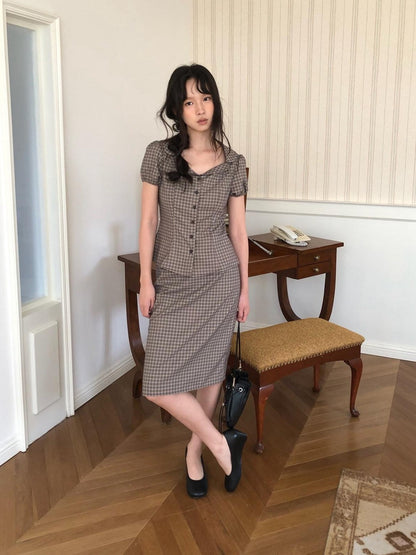 Dorydory Gray Purple Plaid Turn Down Collar Puff Sleeve Women&