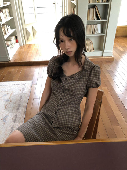 Dorydory Gray Purple Plaid Turn Down Collar Puff Sleeve Women&