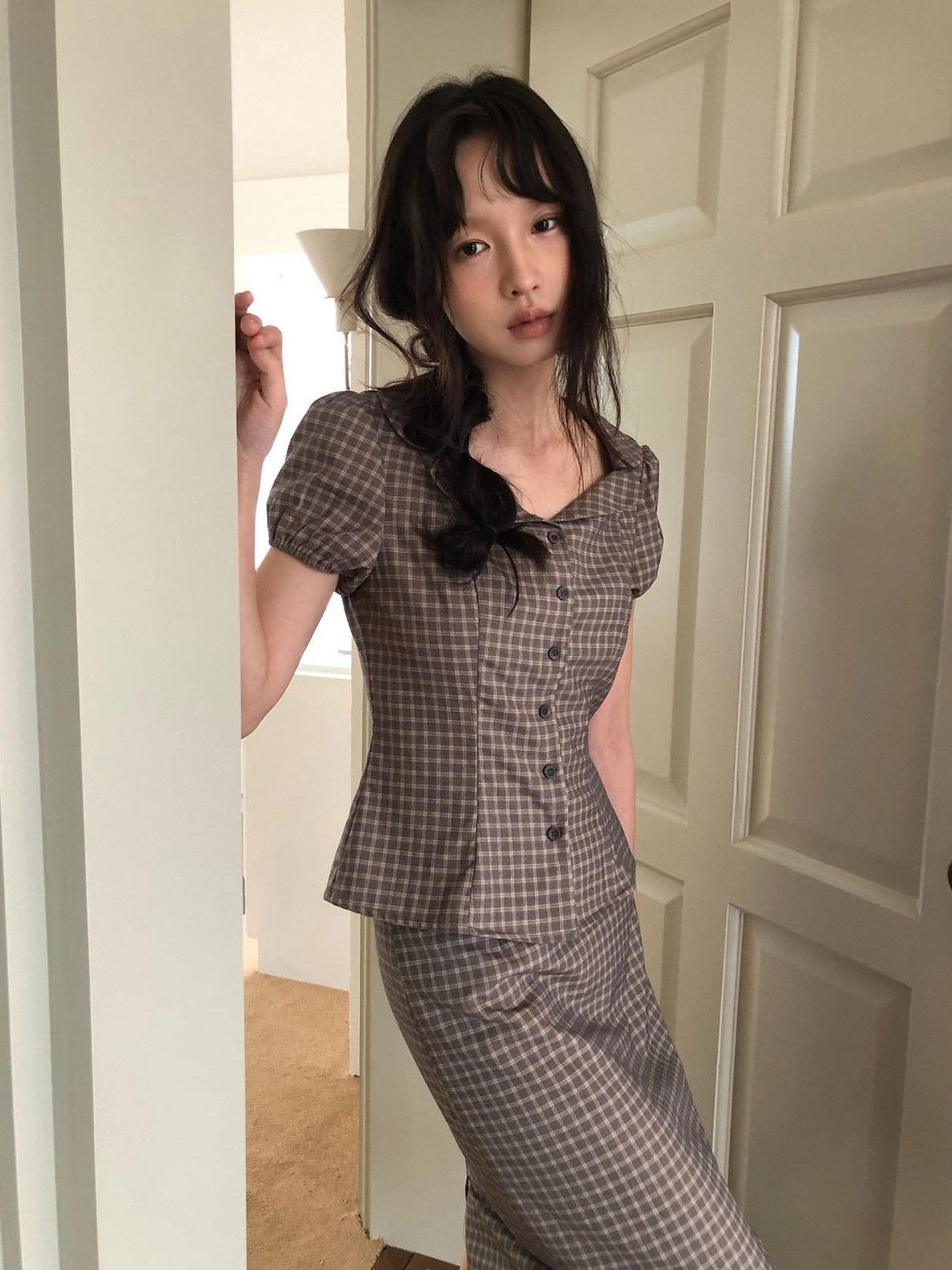 Dorydory Gray Purple Plaid Turn Down Collar Puff Sleeve Women&