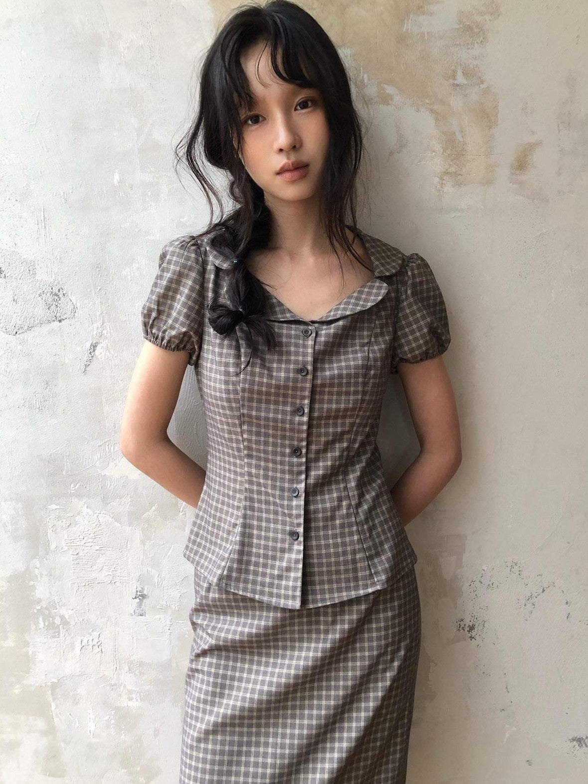 Dorydory Gray Purple Plaid Turn Down Collar Puff Sleeve Women&