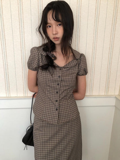Dorydory Gray Purple Plaid Turn Down Collar Puff Sleeve Women&