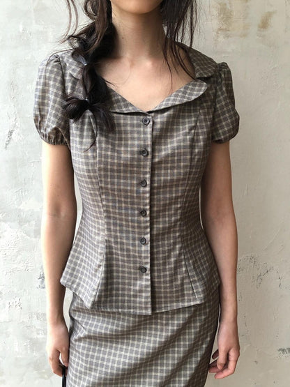 Dorydory Gray Purple Plaid Turn Down Collar Puff Sleeve Women&