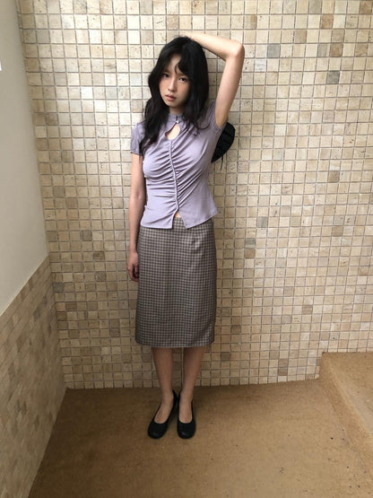 Dorydory Gray Purple Plaid Vintage Pencil Women&