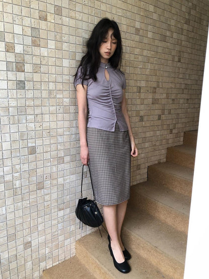 Dorydory Gray Purple Plaid Vintage Pencil Women&