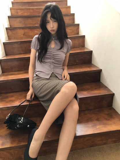 Dorydory Gray Purple Plaid Vintage Pencil Women&