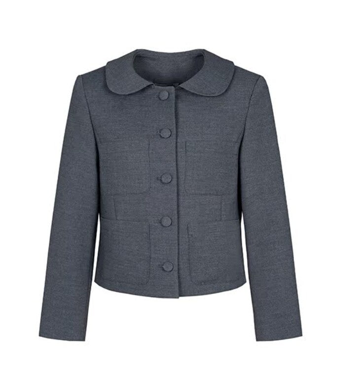 Dorydory_Grey_Round_Neck_Structured_Small_Lapel_Cropped_Old_Money_Women&