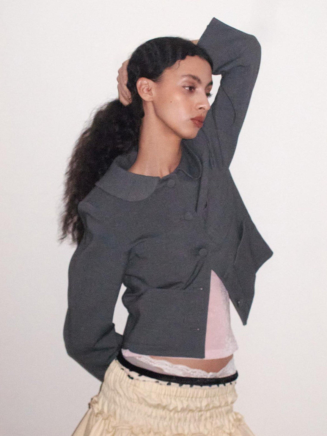 Dorydory Grey Round Neck Structured Small Lapel Cropped Old Money Women&