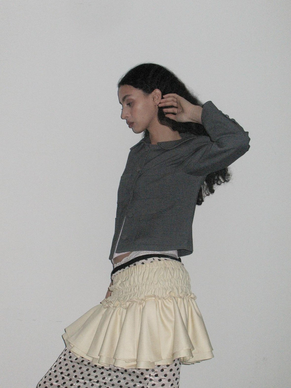 Dorydory Grey Round Neck Structured Small Lapel Cropped Old Money Women&