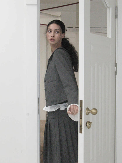 Dorydory Grey Round Neck Structured Small Lapel Cropped Old Money Women&