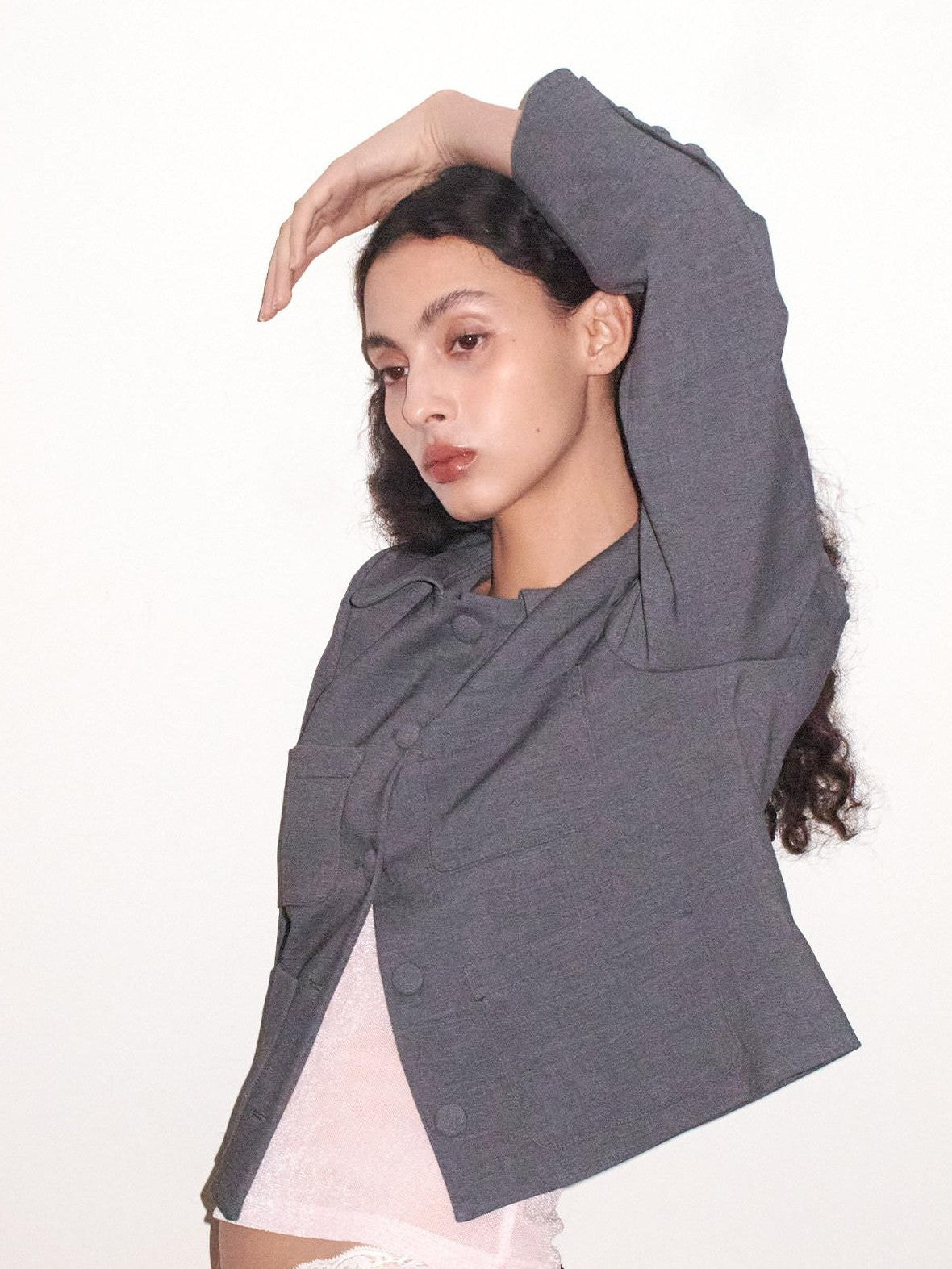 Dorydory Grey Round Neck Structured Small Lapel Cropped Old Money Women&