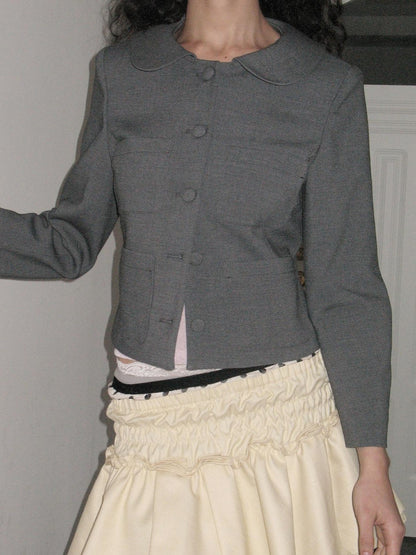 Dorydory Grey Round Neck Structured Small Lapel Cropped Old Money Women&