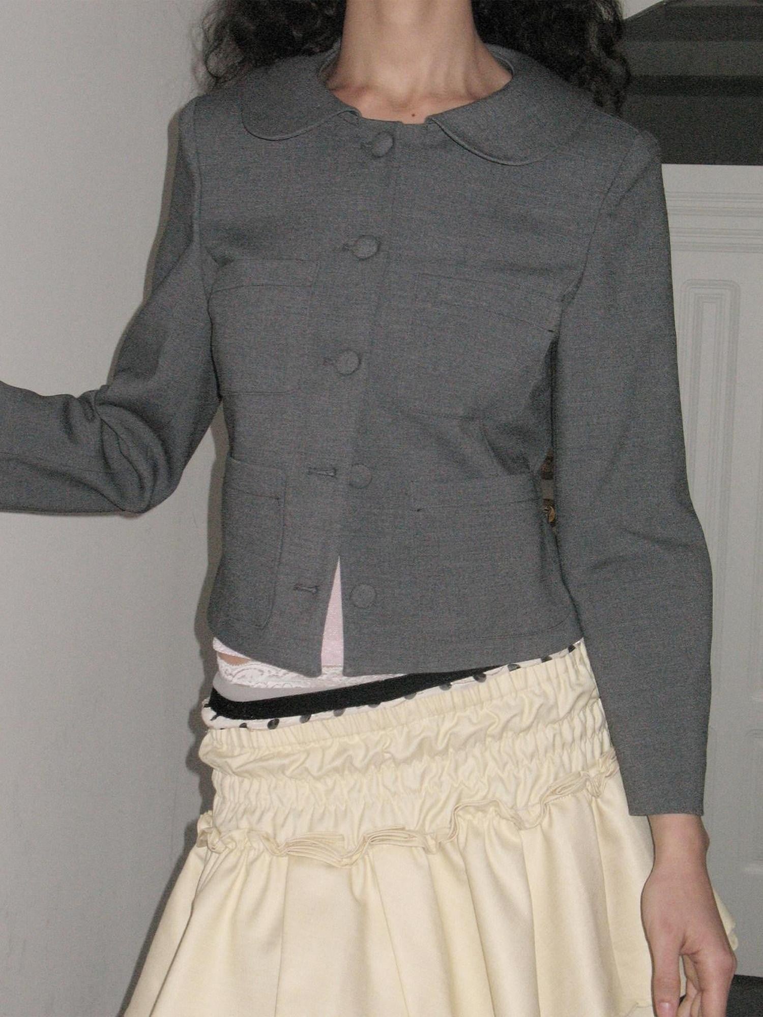 Dorydory Grey Round Neck Structured Small Lapel Cropped Old Money Women&