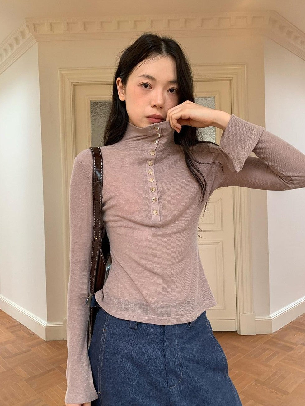Dorydory High Neck Knot Detail Ribbed Lightweight Women&