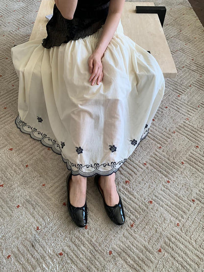 Dorydory High Waisted Embroidered A Line Maxi Skirt With Color Blocking