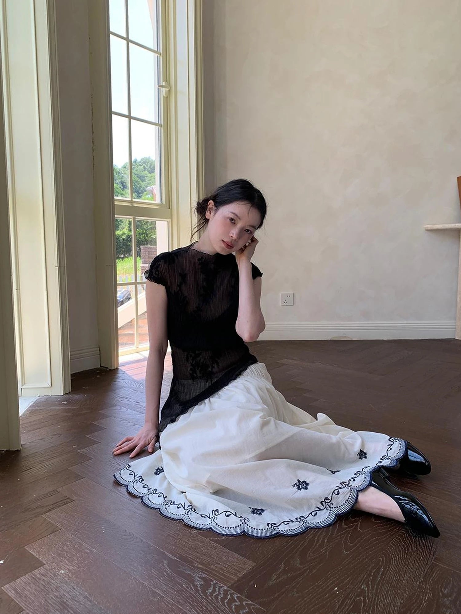 High Waisted Embroidered A Line Maxi Skirt With Color Blocking