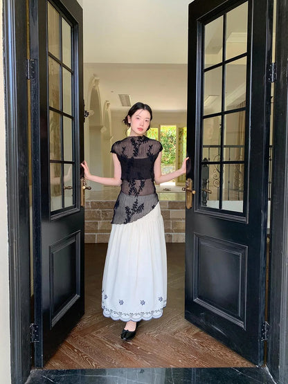 High Waisted Embroidered A Line Maxi Skirt With Color Blocking