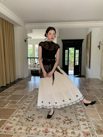 High Waisted Embroidered A Line Maxi Skirt With Color Blocking