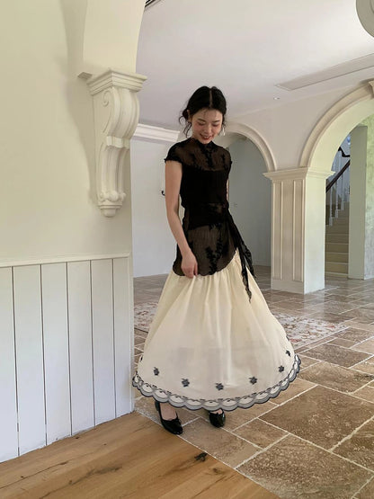 High Waisted Embroidered A Line Maxi Skirt With Color Blocking