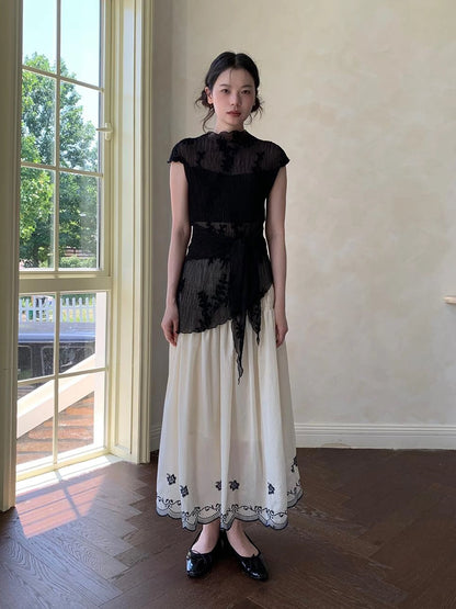 High Waisted Embroidered A Line Maxi Skirt With Color Blocking