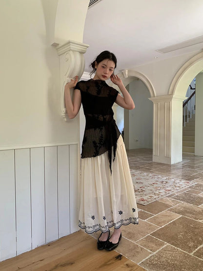 High Waisted Embroidered A Line Maxi Skirt With Color Blocking