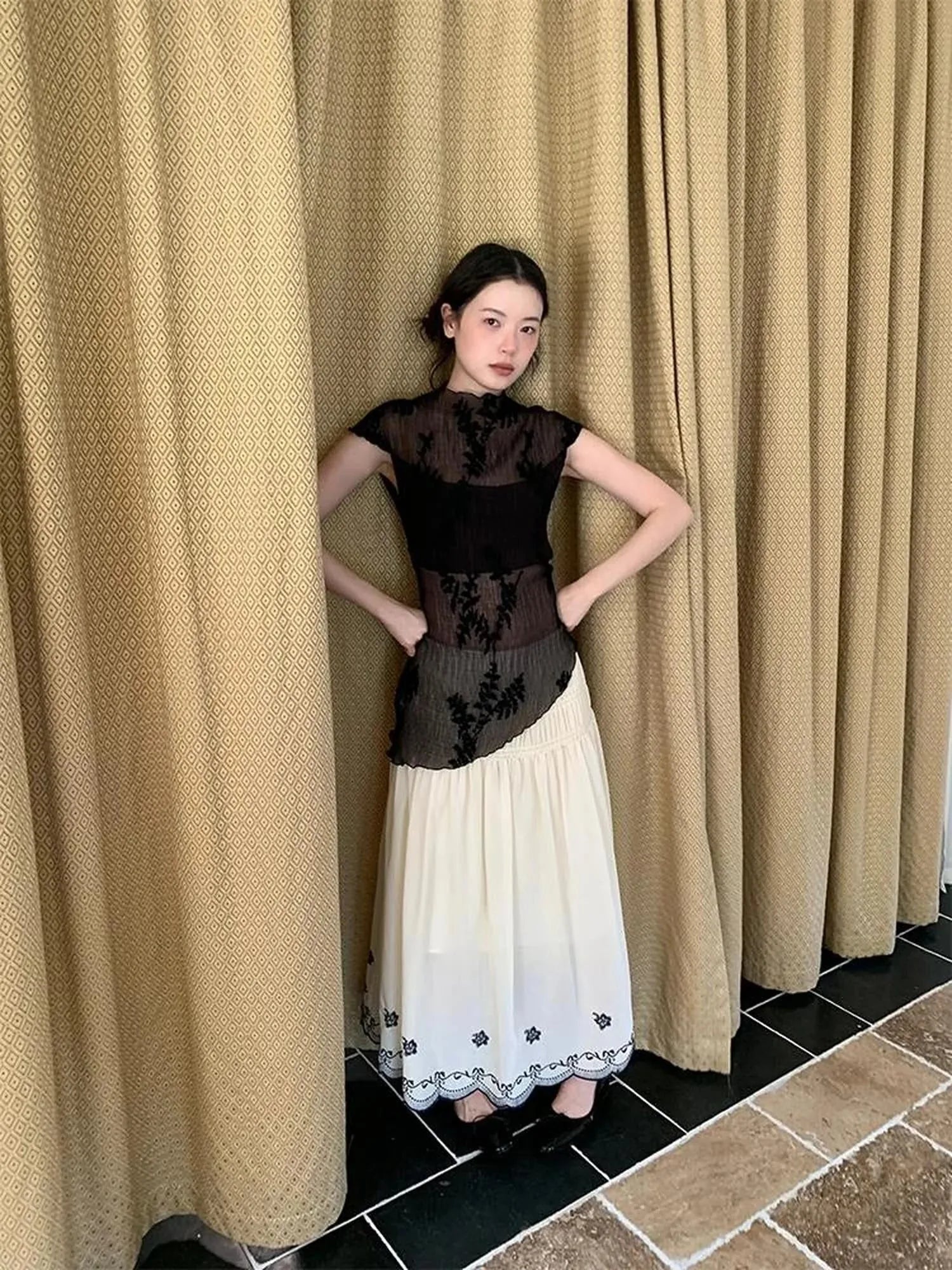 High Waisted Embroidered A Line Maxi Skirt With Color Blocking