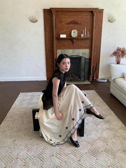 High Waisted Embroidered A Line Maxi Skirt With Color Blocking