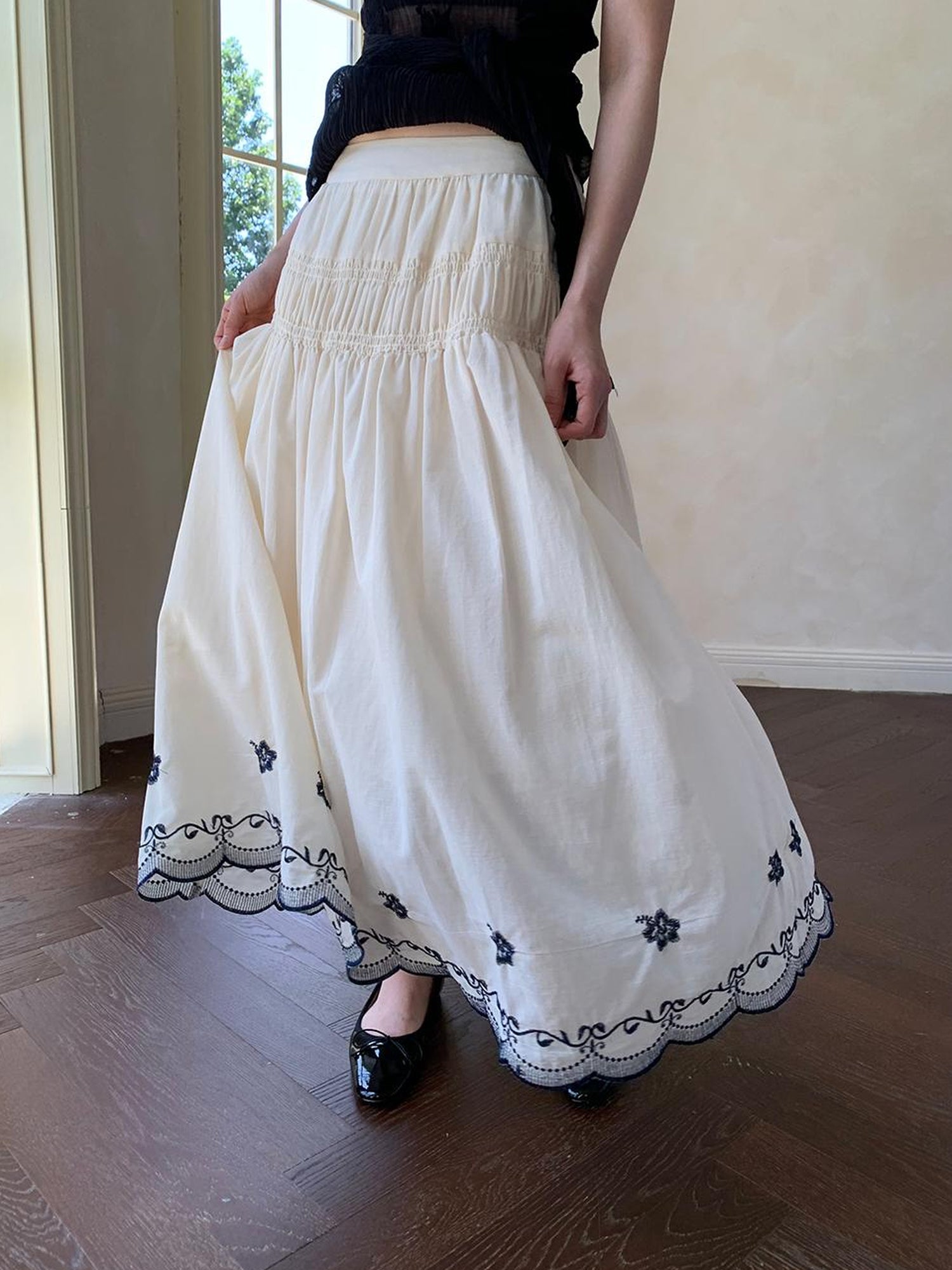 Dorydory High Waisted Embroidered A Line Maxi Skirt With Color Blocking