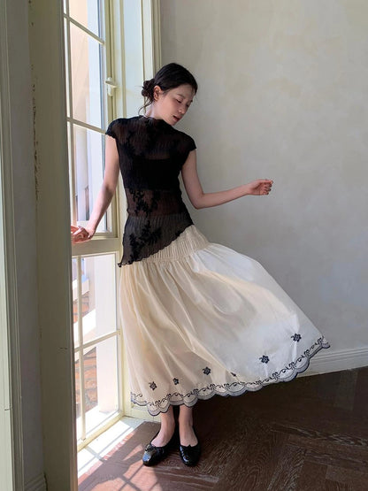 High Waisted Embroidered A Line Maxi Skirt With Color Blocking