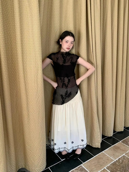 High Waisted Embroidered A Line Maxi Skirt With Color Blocking