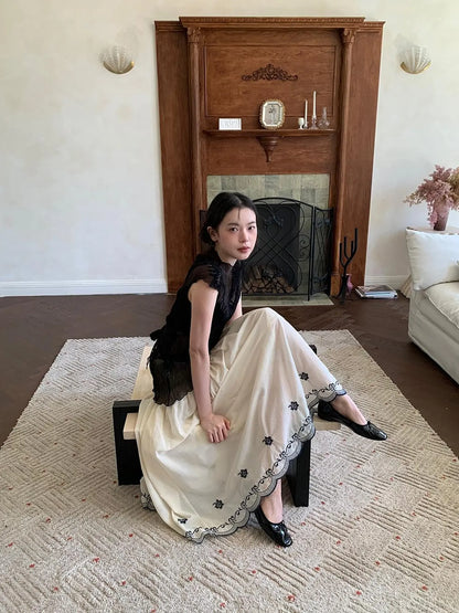 High Waisted Embroidered A Line Maxi Skirt With Color Blocking