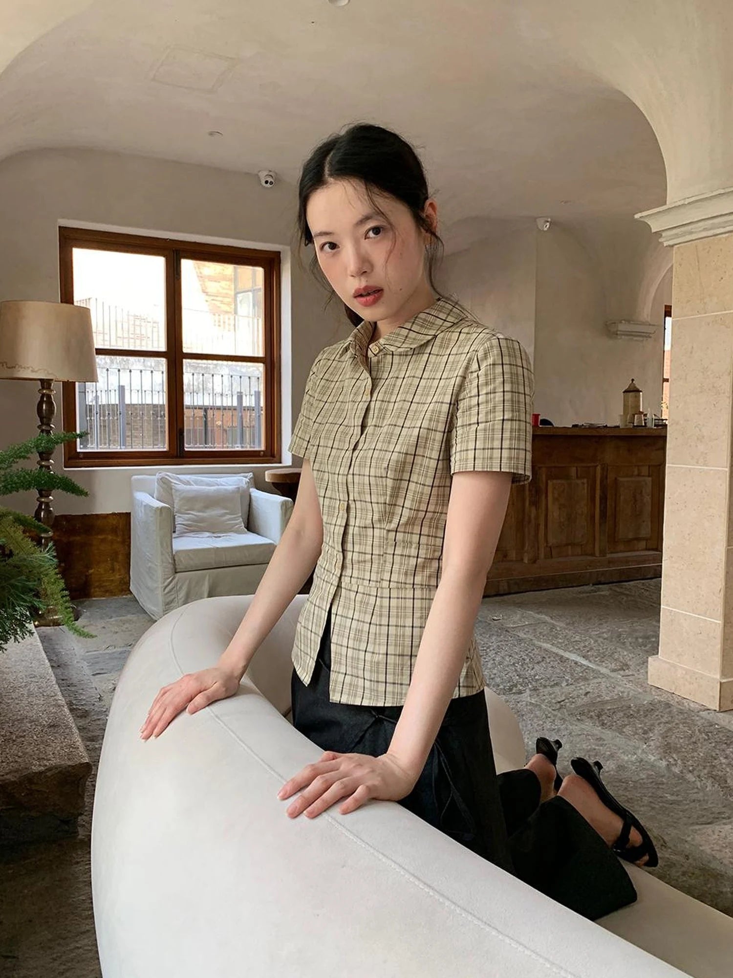 High Waisted Gingham Short Sleeve Shirt