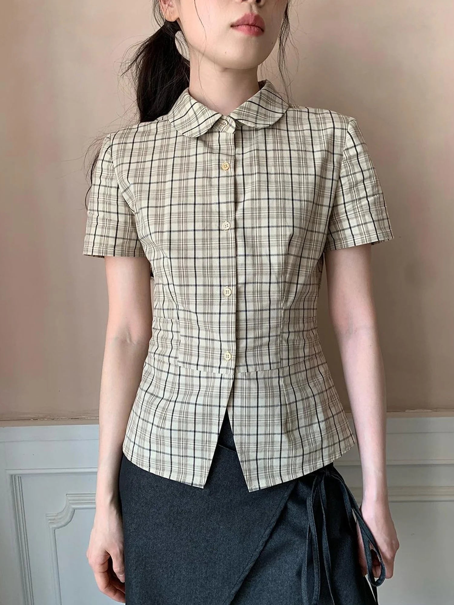 High Waisted Gingham Short Sleeve Shirt