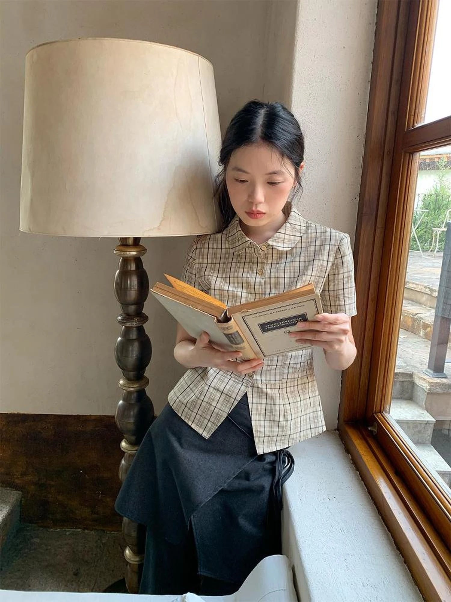 High Waisted Gingham Short Sleeve Shirt