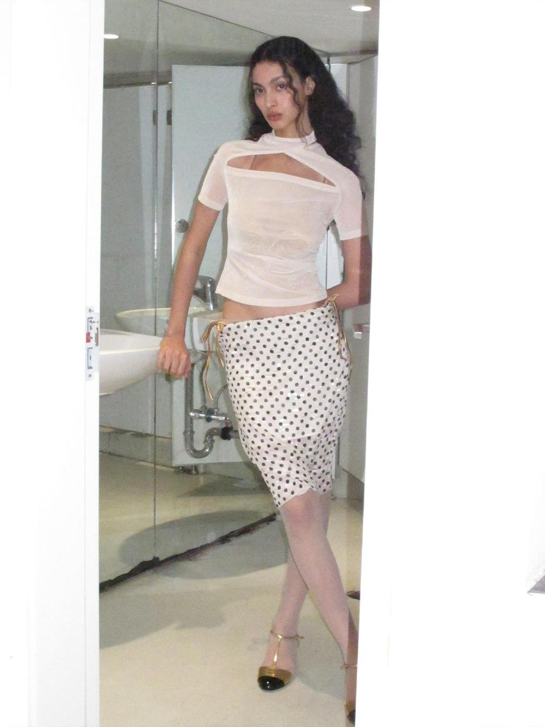 Dorydory Jacquard Sheer Polka Dot Mid Waist Women&