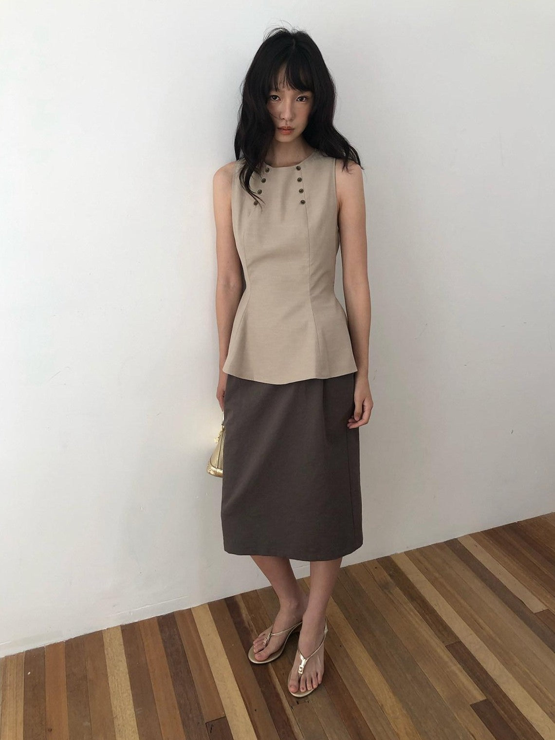 Dorydory Khaki Double Row Buttons A Line Waist Women&