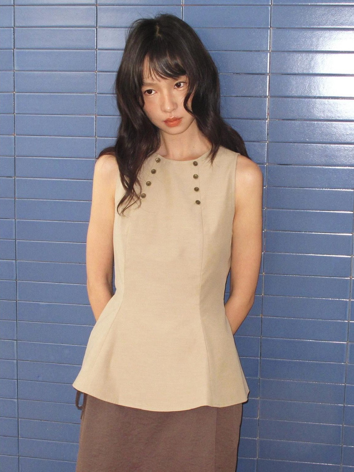 Dorydory Khaki Double Row Buttons A Line Waist Women&