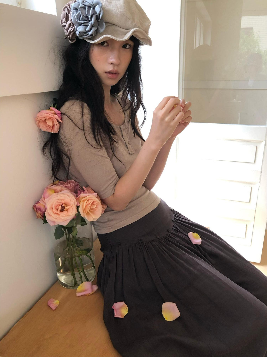 Dorydory Khaki Henley Neck Slim Fit Women&