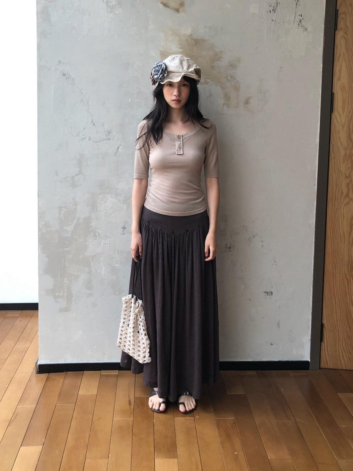 Dorydory Khaki Henley Neck Slim Fit Women&