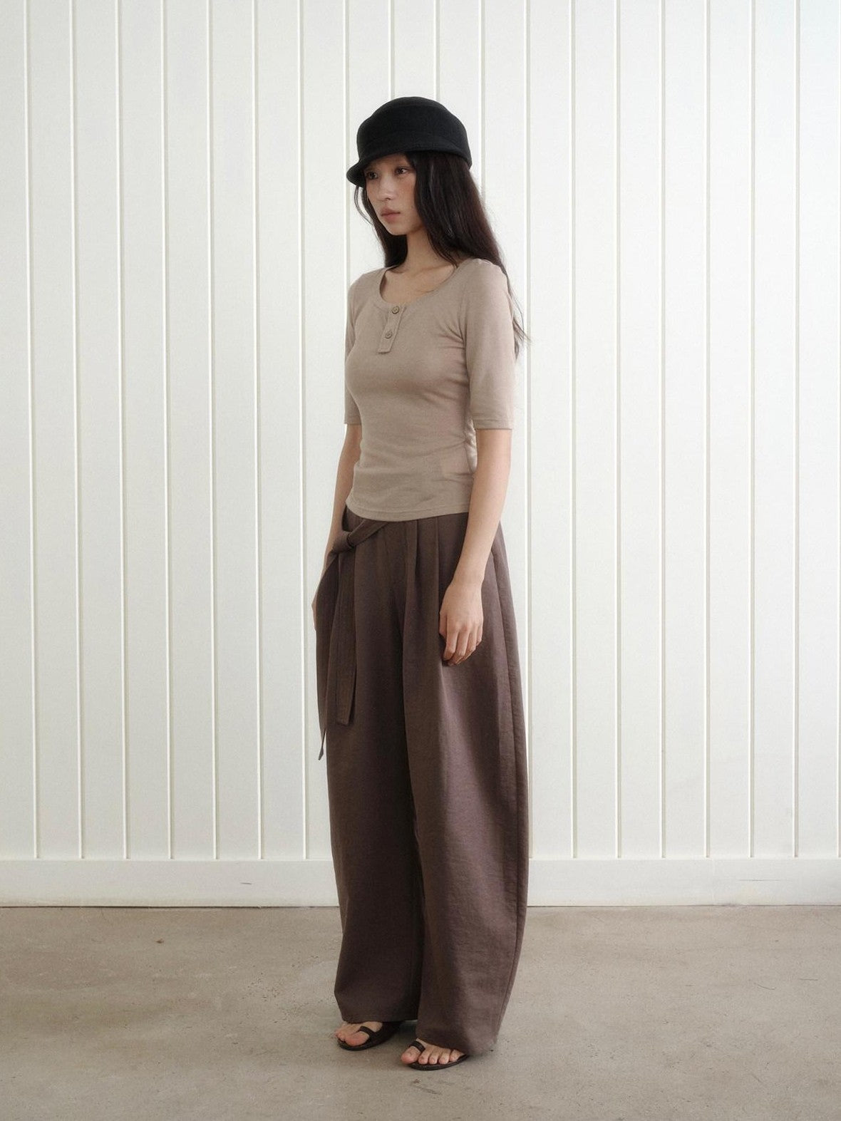 Dorydory Khaki Henley Neck Slim Fit Women&