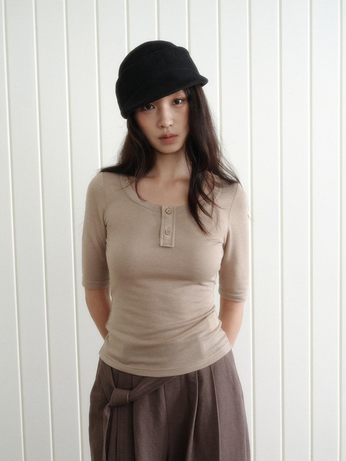Dorydory Khaki Henley Neck Slim Fit Women&