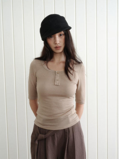 Dorydory Khaki Henley Neck Slim Fit Women&