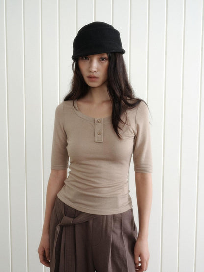 Dorydory Khaki Henley Neck Slim Fit Women&