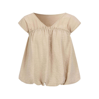 Dorydory_Khaki_Ruched_V-neck_Cropped_Bubble_Hem_Women&