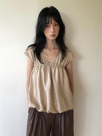 Dorydory Khaki Ruched V-neck Cropped Bubble Hem Women&